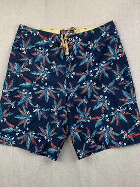 Patagonia Mens Swim Trunks 31 Navy Blue Printed Stretch Planing Board Shorts 9"